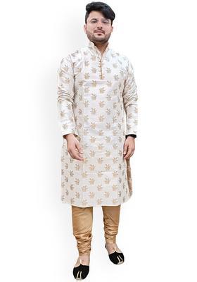 Cream Woven Design Silk Kurta Set For Men