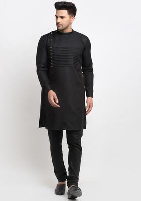 Black Solid Cotton Kurta Set For Men