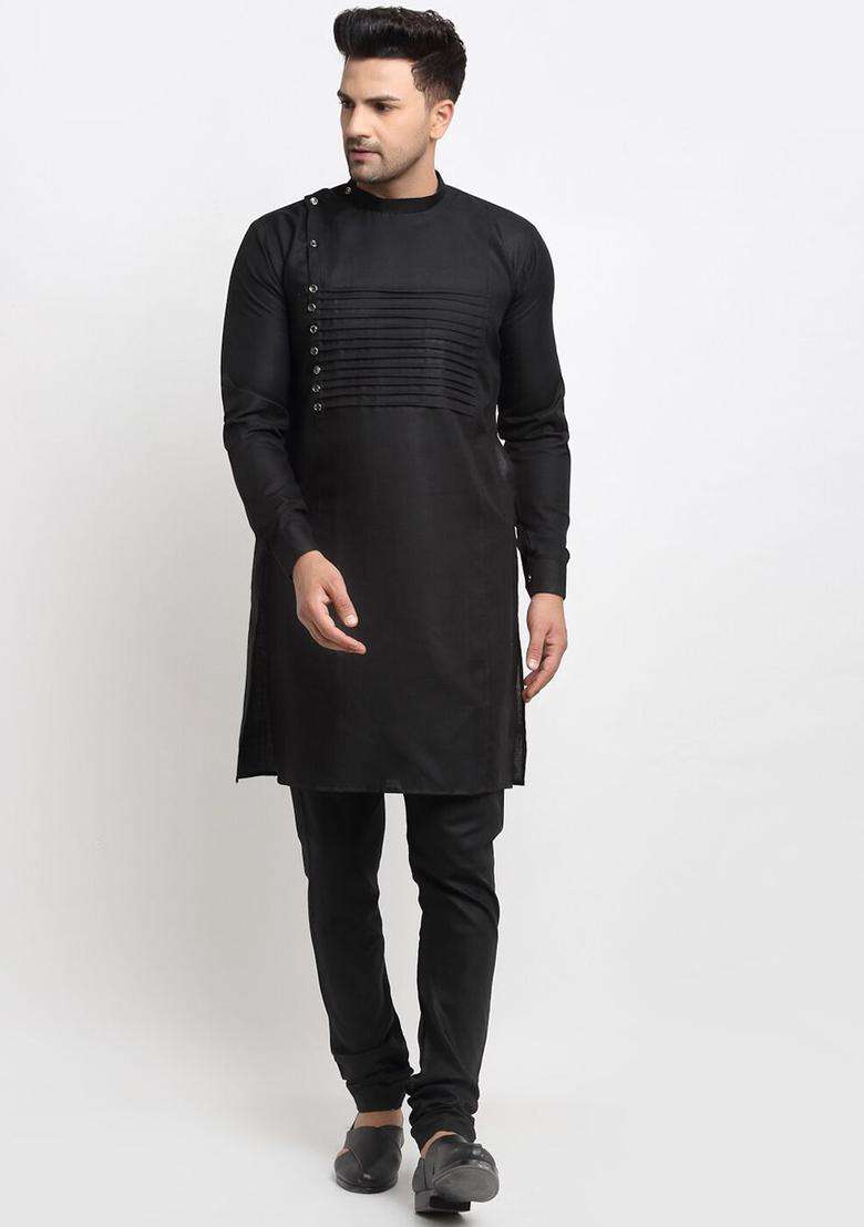 Black Solid Cotton Kurta Set For Men - Indya