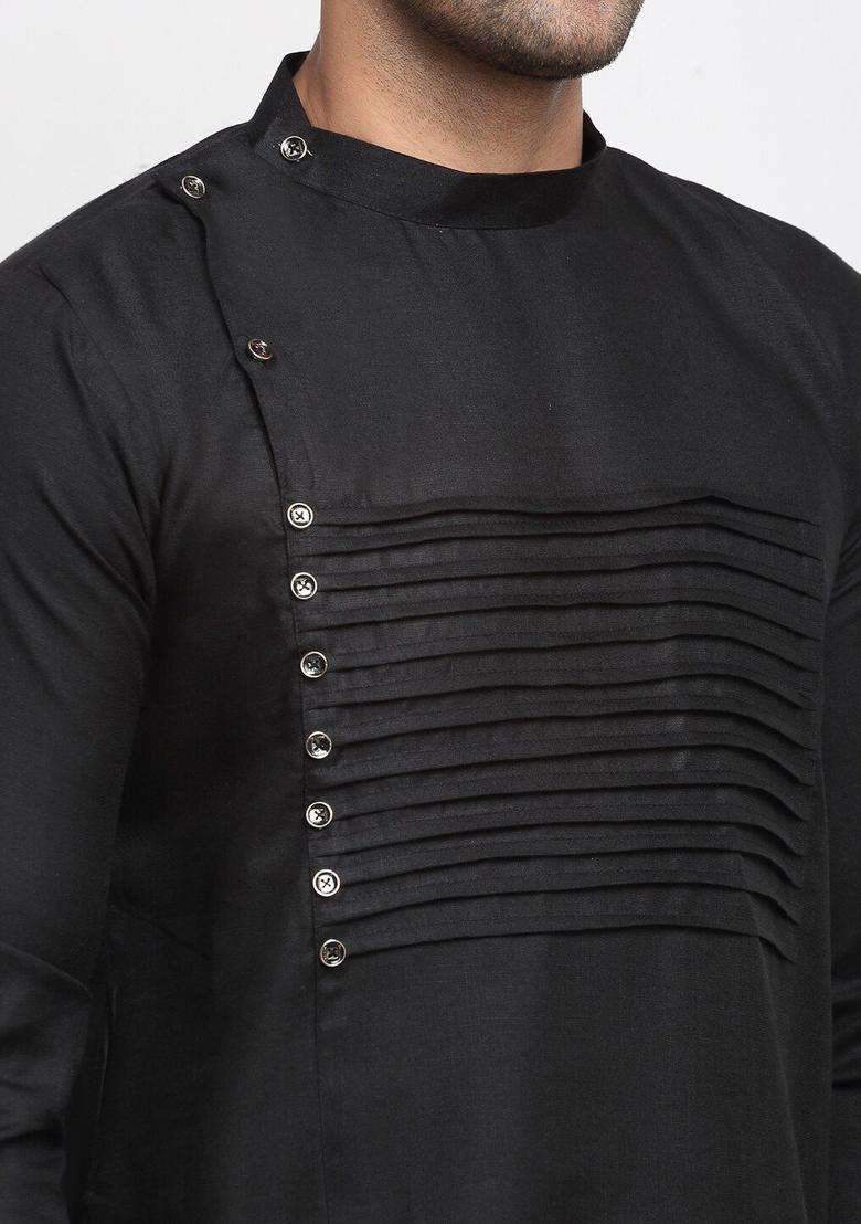 Black Solid Cotton Kurta Set For Men - Indya