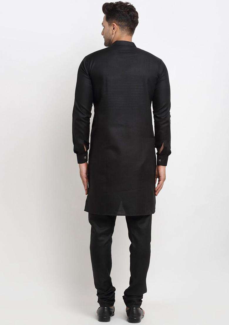 Black Solid Cotton Kurta Set For Men - Indya