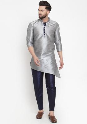 Silver Solid Silk Kurta Set For Men