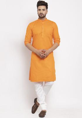 Orange Solid Cotton Kurta Set For Men