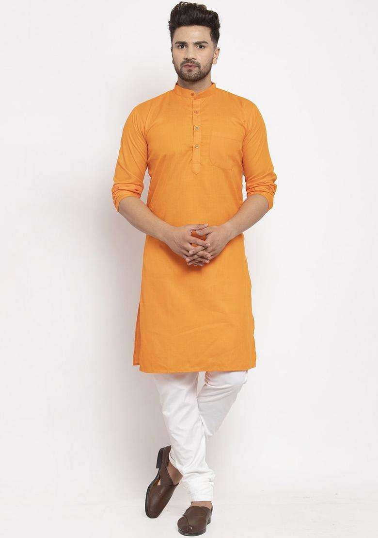 Orange Solid Cotton Kurta Set For Men - Indya