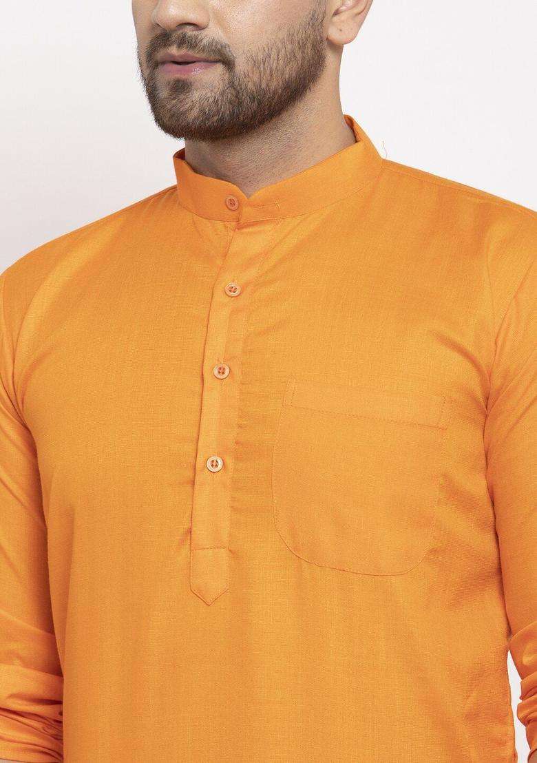 Orange Solid Cotton Kurta Set For Men - Indya