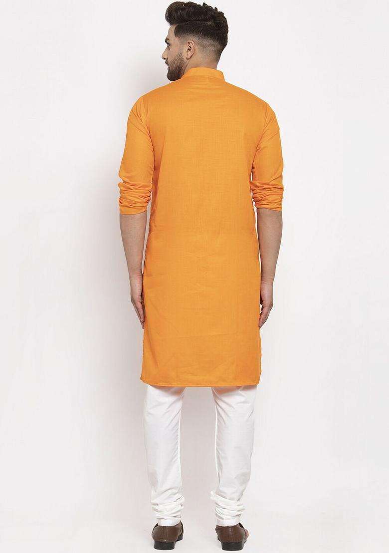 Orange Solid Cotton Kurta Set For Men - Indya