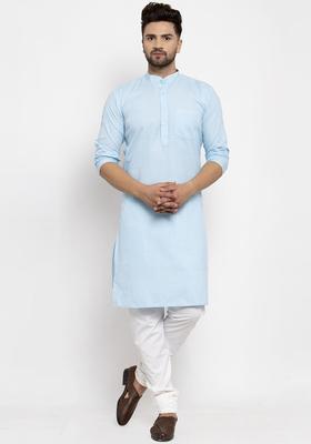 Sea Green Solid Cotton Kurta Set For Men