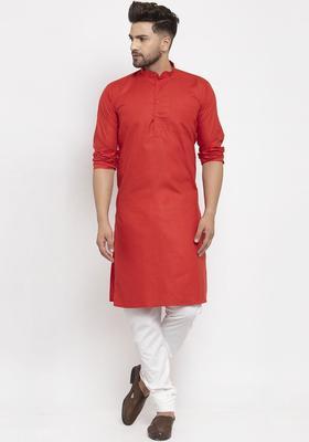 Red Solid Cotton Kurta Set For Men