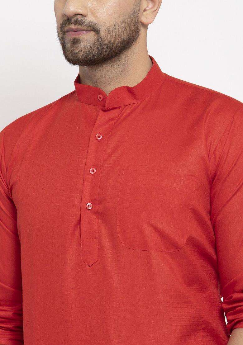 Red Solid Cotton Kurta Set For Men - Indya