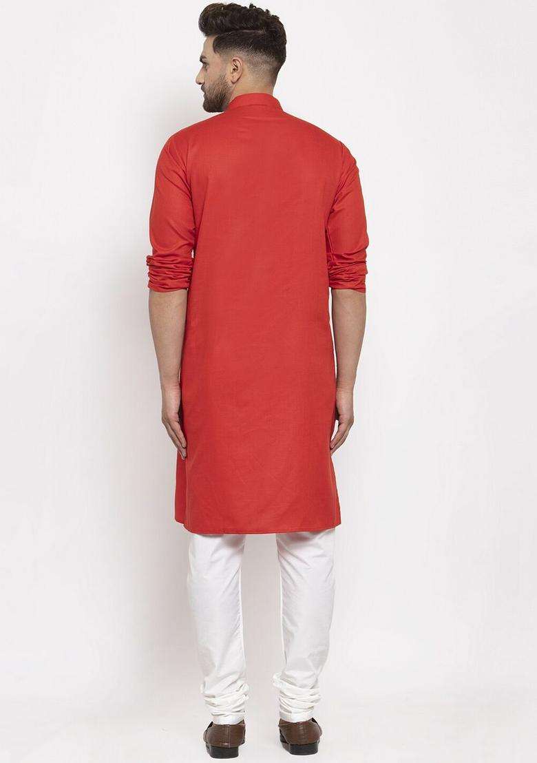 Red Solid Cotton Kurta Set For Men - Indya