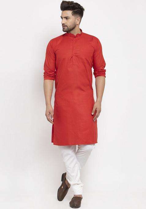 Red Solid Cotton Kurta Set For Men