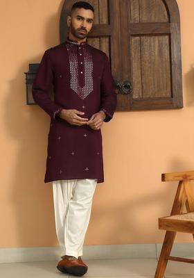 Purple Yoke Design Silk Kurta Set For Men