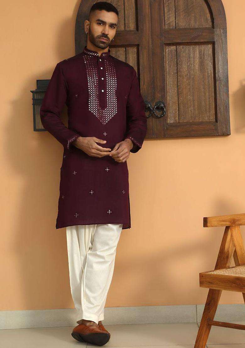 Purple Yoke Design Silk Blend Kurta Set For Men - Indya