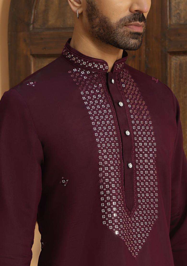 Purple Yoke Design Silk Blend Kurta Set For Men - Indya