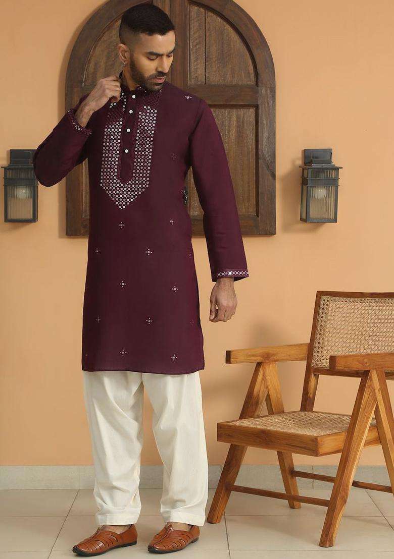 Purple Yoke Design Silk Blend Kurta Set For Men - Indya
