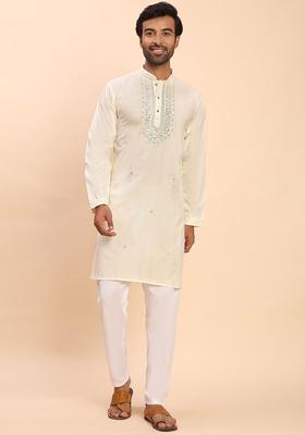 Cream Embroidered Cotton Kurta Set For Men