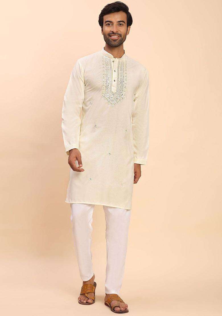 Cream Embroidered Cotton Kurta Set For Men - Indya