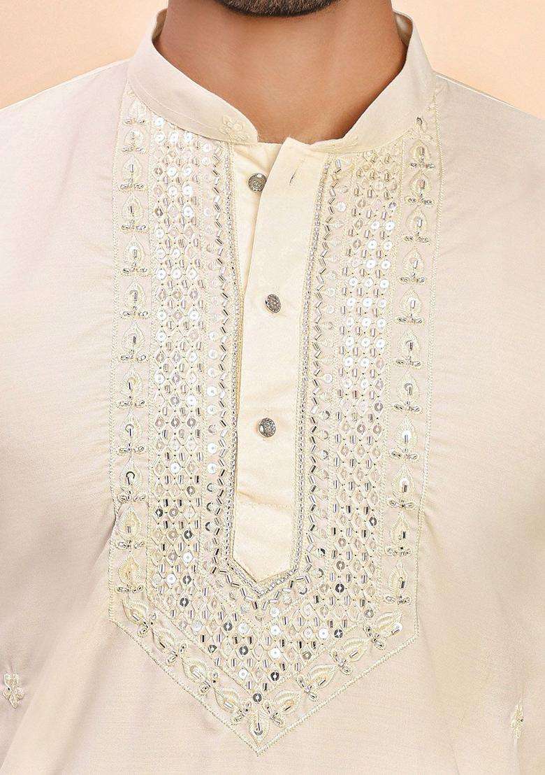 Cream Embroidered Cotton Kurta Set For Men - Indya
