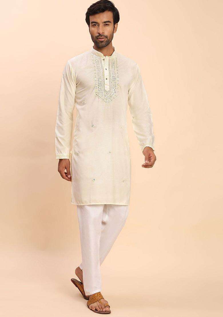 Cream Embroidered Cotton Kurta Set For Men - Indya