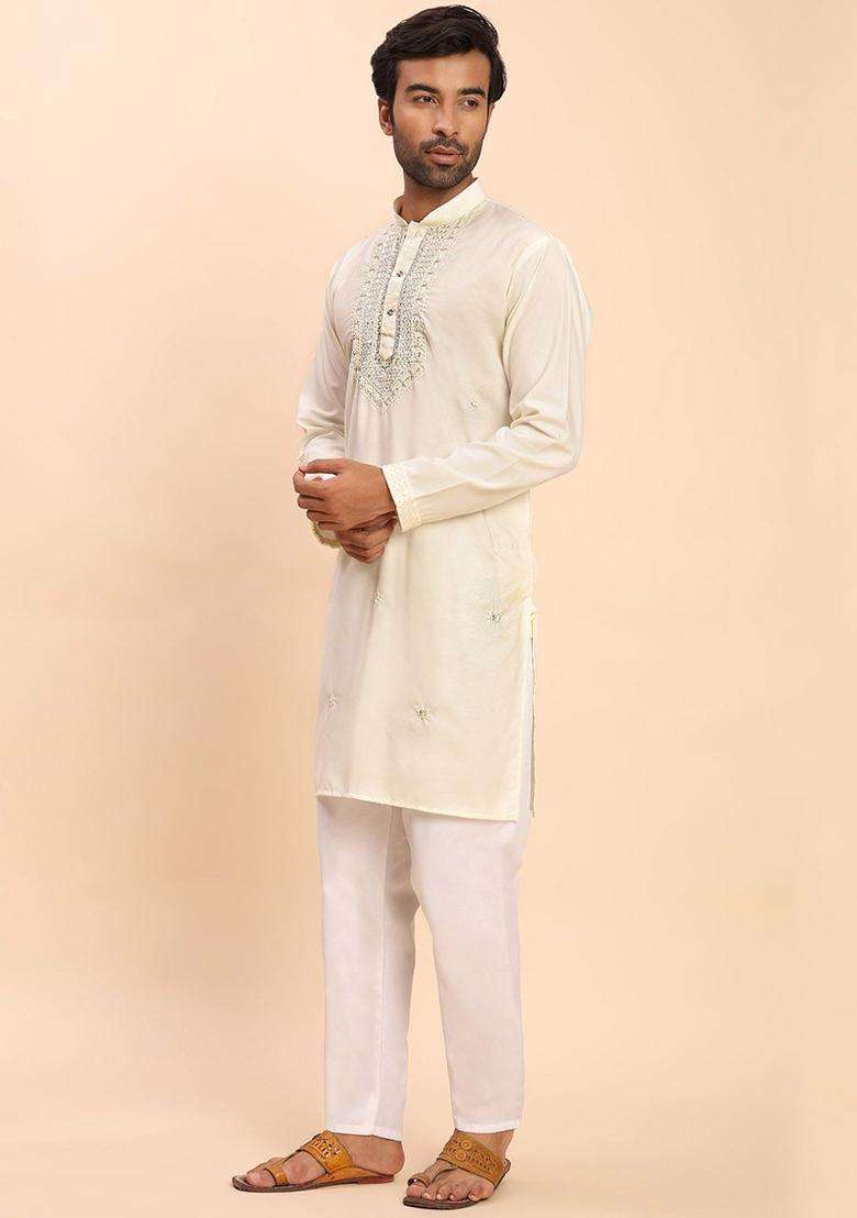 Cream Embroidered Cotton Kurta Set For Men - Indya