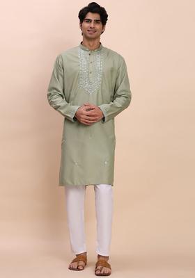 Green Woven Design Cotton Kurta Set For Men