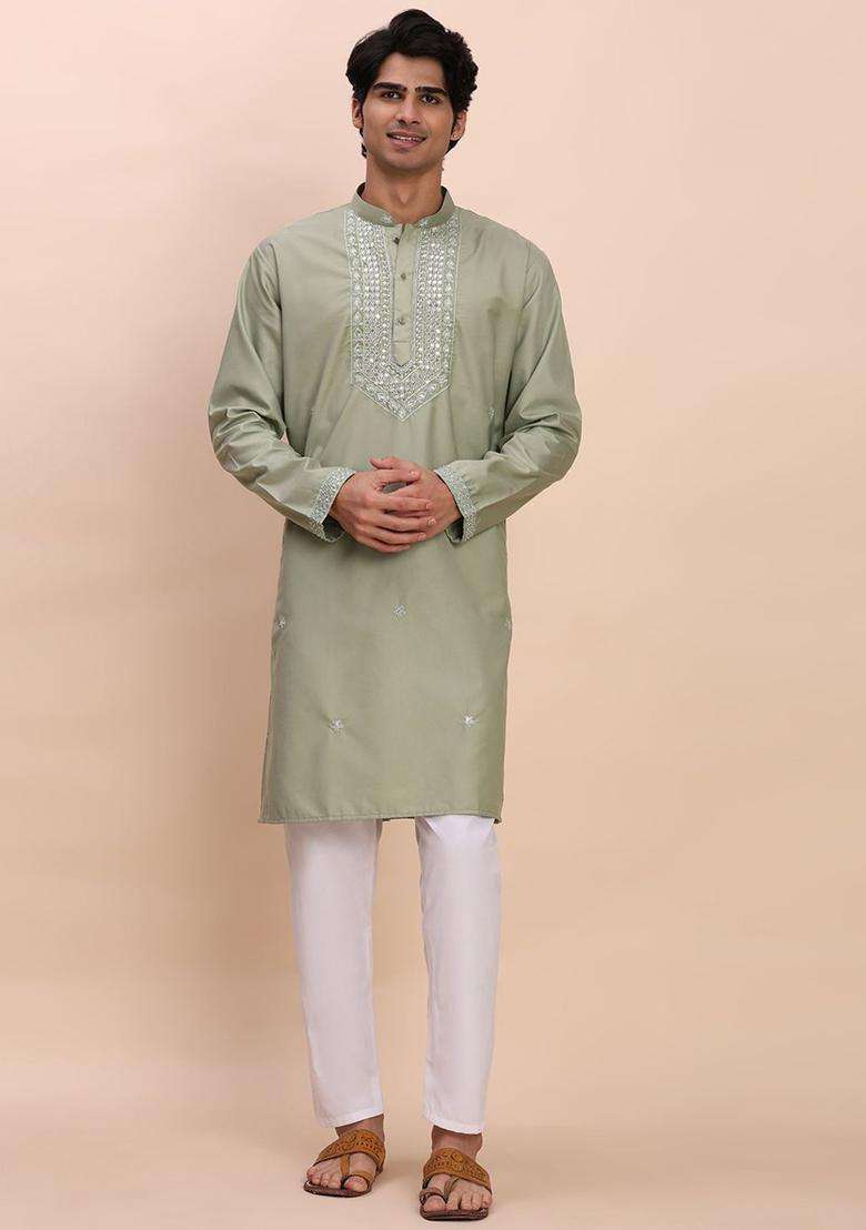 Green Woven Design Cotton Kurta Set For Men - Indya