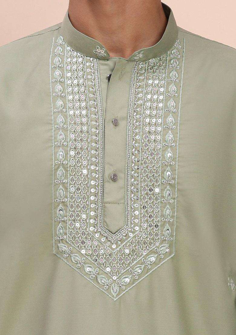 Green Woven Design Cotton Kurta Set For Men - Indya