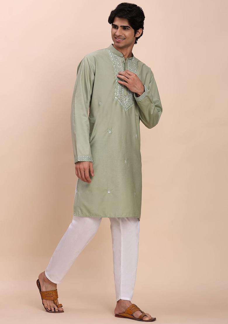 Green Woven Design Cotton Kurta Set For Men - Indya