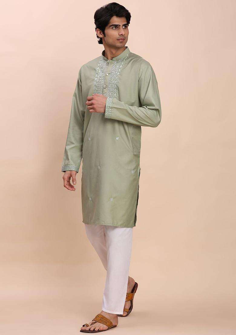 Green Woven Design Cotton Kurta Set For Men - Indya