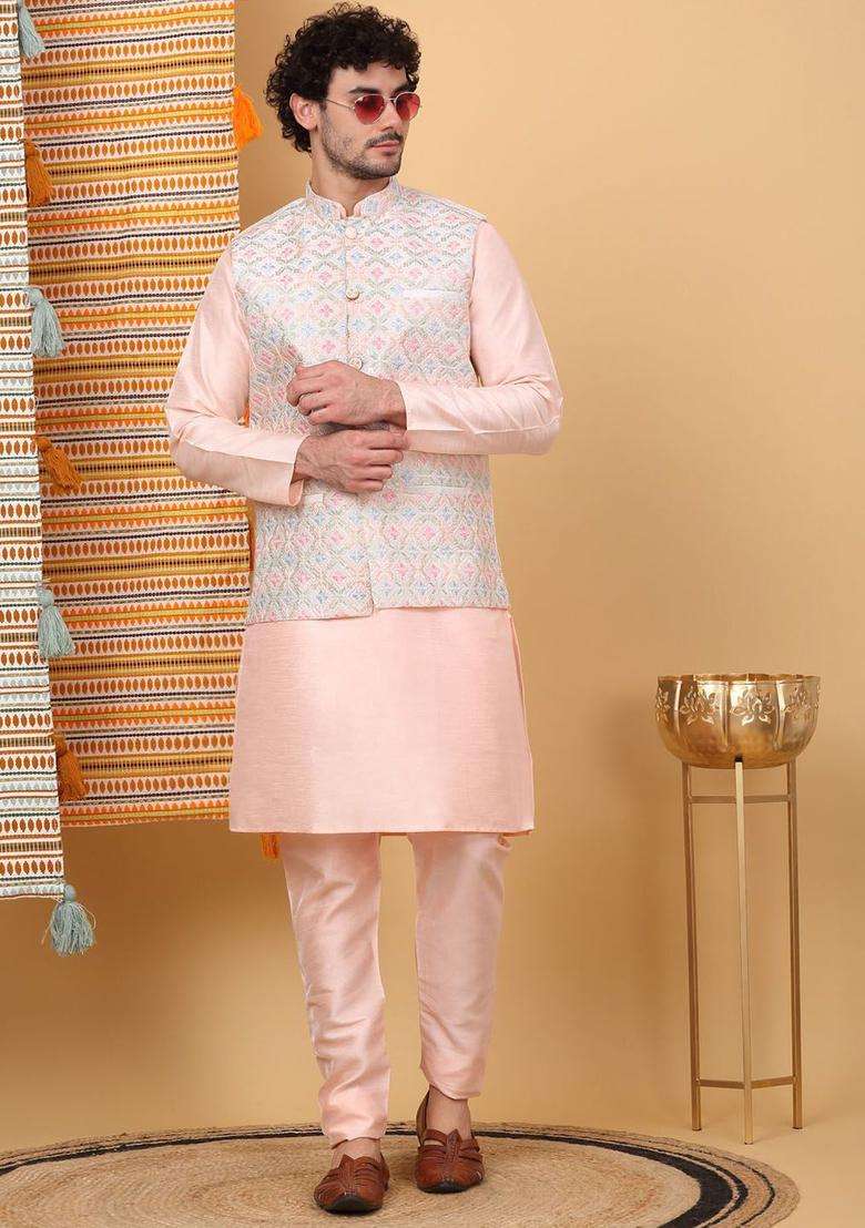 Peach Solid Silk Blend Kurta Set For Men - Indya