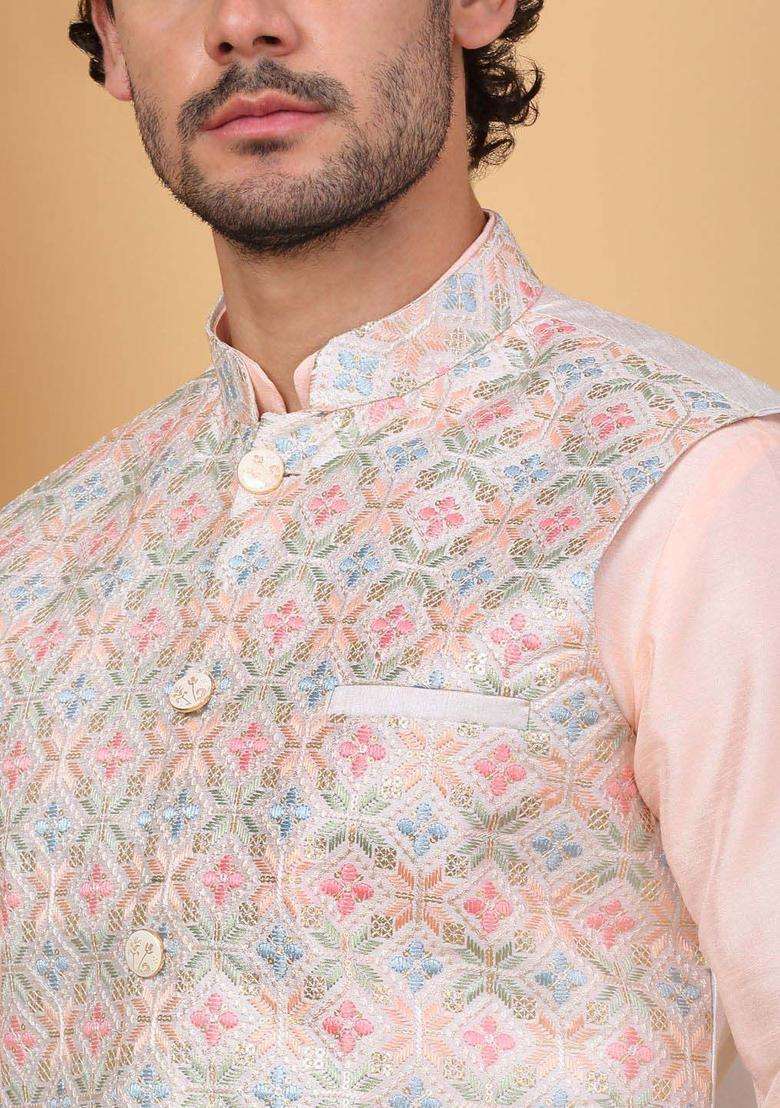 Peach Solid Silk Blend Kurta Set For Men - Indya
