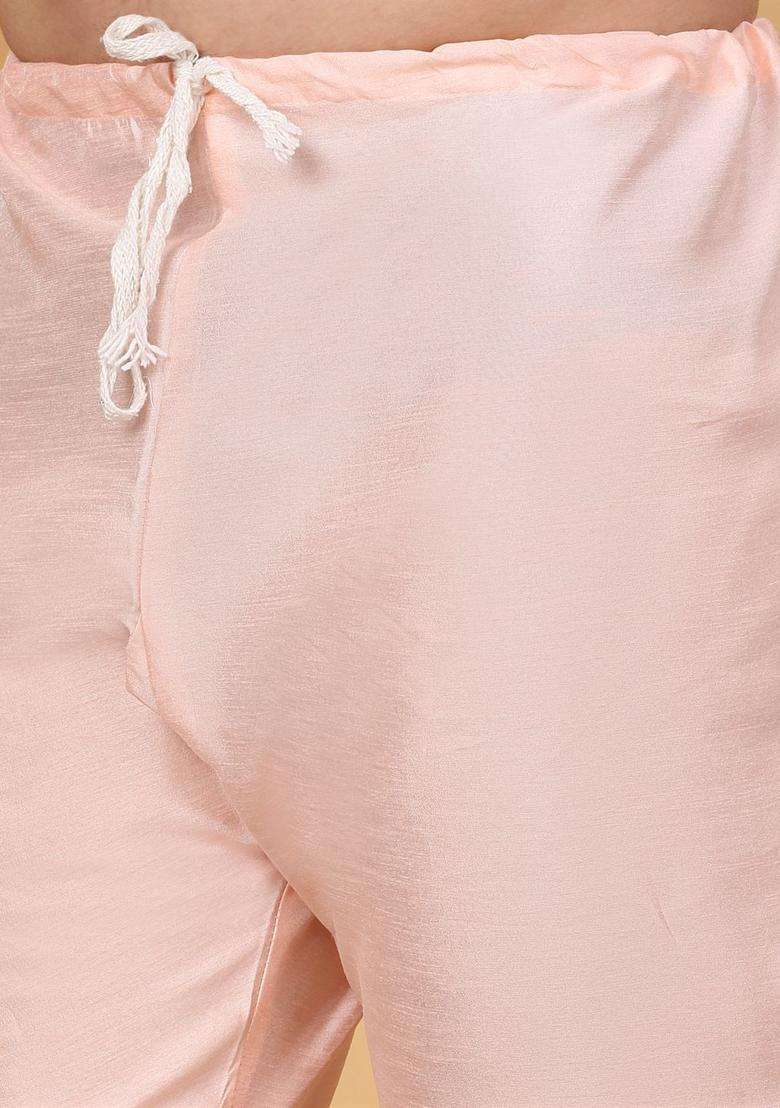 Peach Solid Silk Blend Kurta Set For Men - Indya