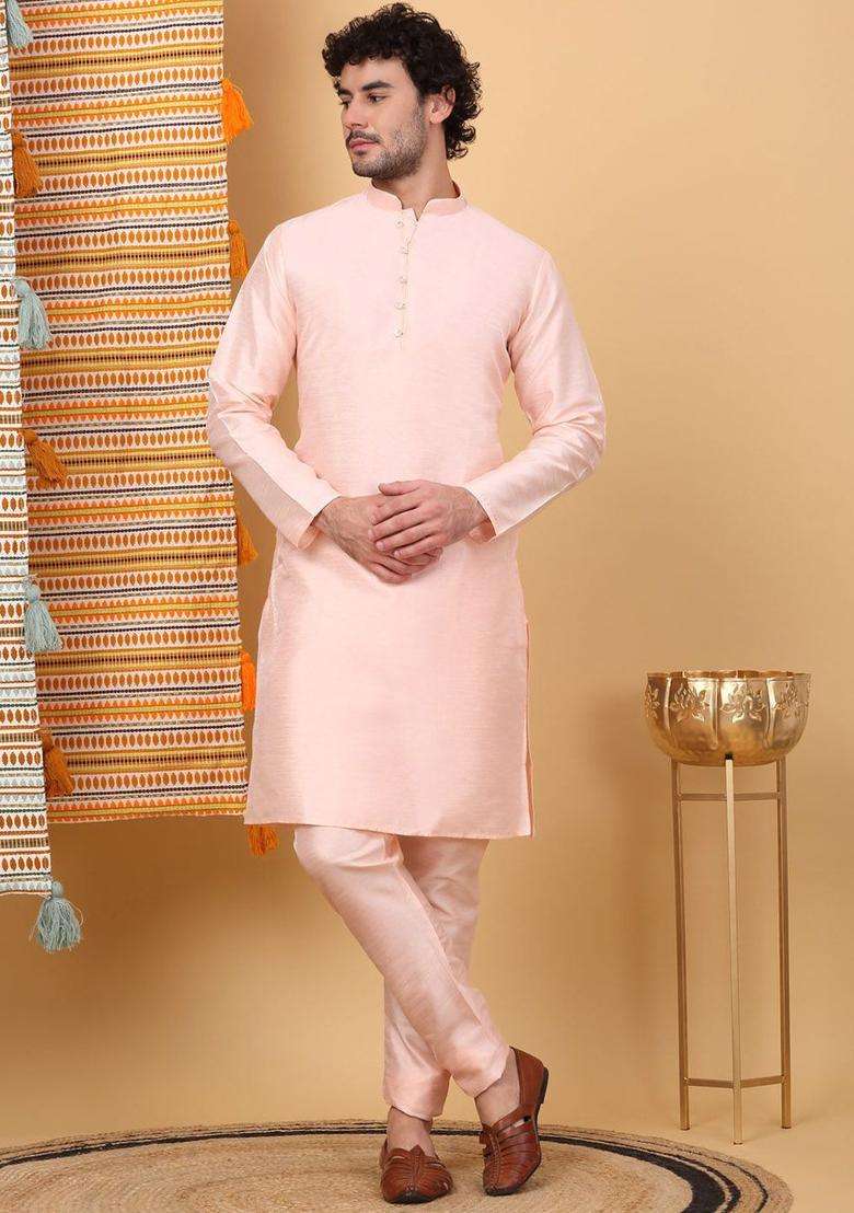 Peach Solid Silk Blend Kurta Set For Men - Indya