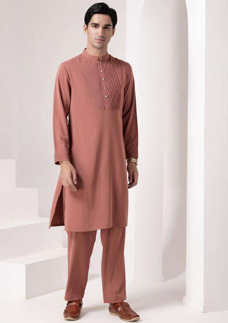 Rust Solid Viscose Kurta Set For Men - Indya
