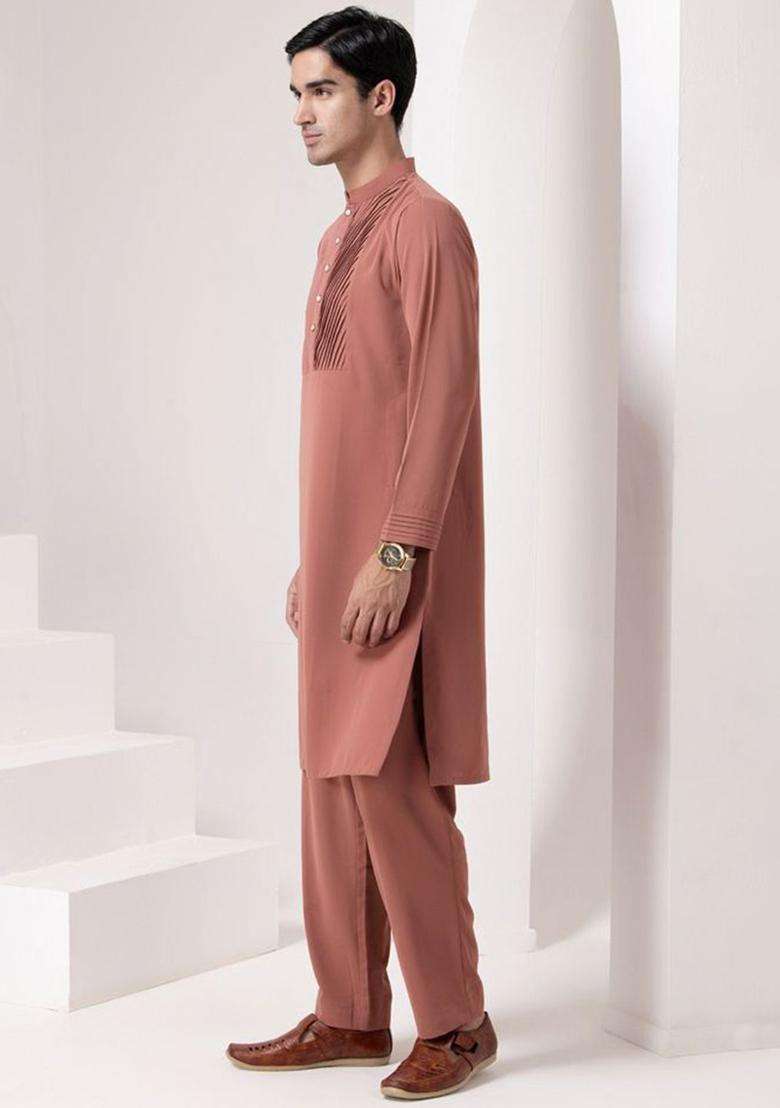 Rust Solid Viscose Kurta Set For Men - Indya