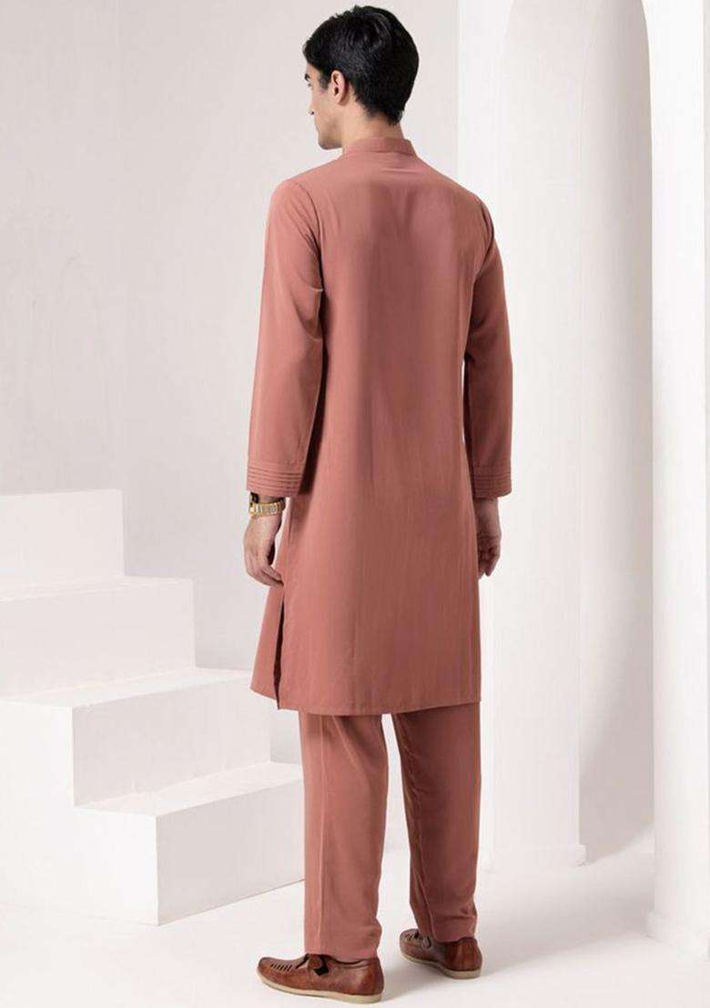 Rust Solid Viscose Kurta Set For Men - Indya