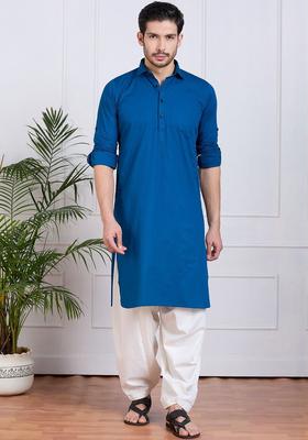 Blue Solid Cotton Kurta Set For Men