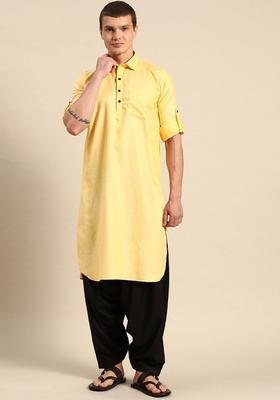 Cream Solid Cotton Kurta Set For Men