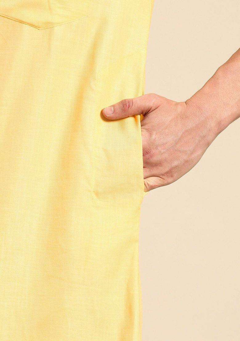 Cream Solid Cotton Kurta Set For Men - Indya