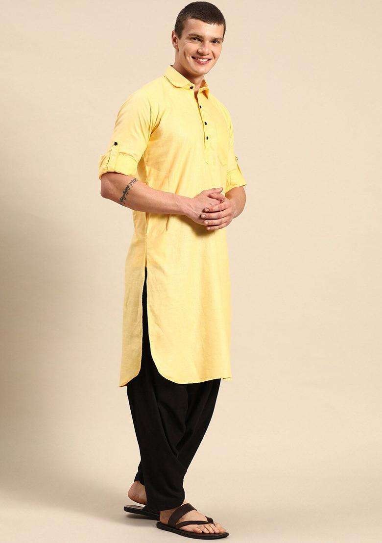 Cream Solid Cotton Kurta Set For Men - Indya