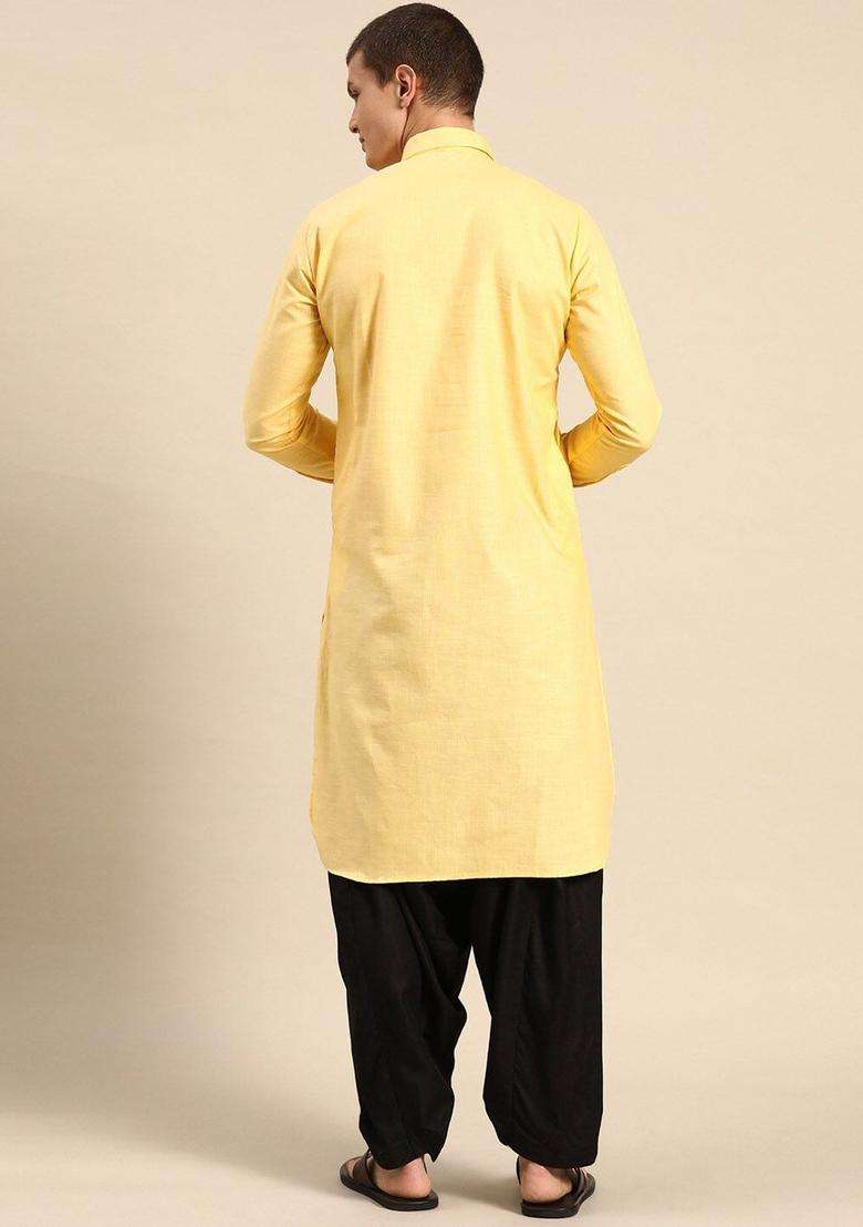 Cream Solid Cotton Kurta Set For Men - Indya