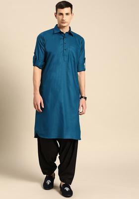 Navy Blue Solid Cotton Kurta Set For Men