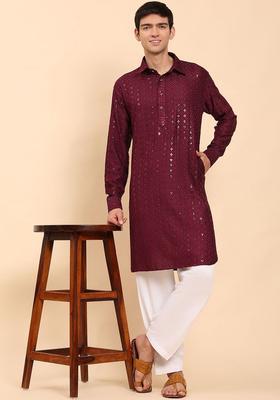 Maroon Self Design Viscose Kurta Set For Men