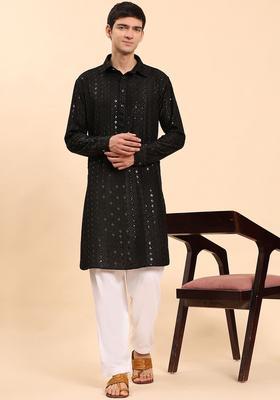 Black Embroidered Viscose Kurta Set For Men