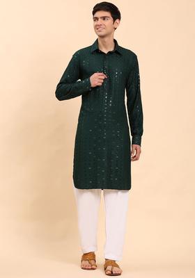 Green Self Design Viscose Kurta Set For Men
