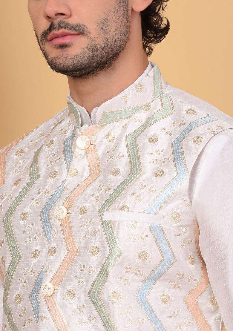 Cream Solid Silk Blend Kurta Set For Men - Indya