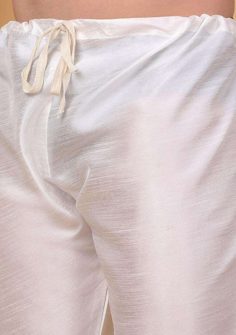 Cream Solid Silk Blend Kurta Set For Men - Indya