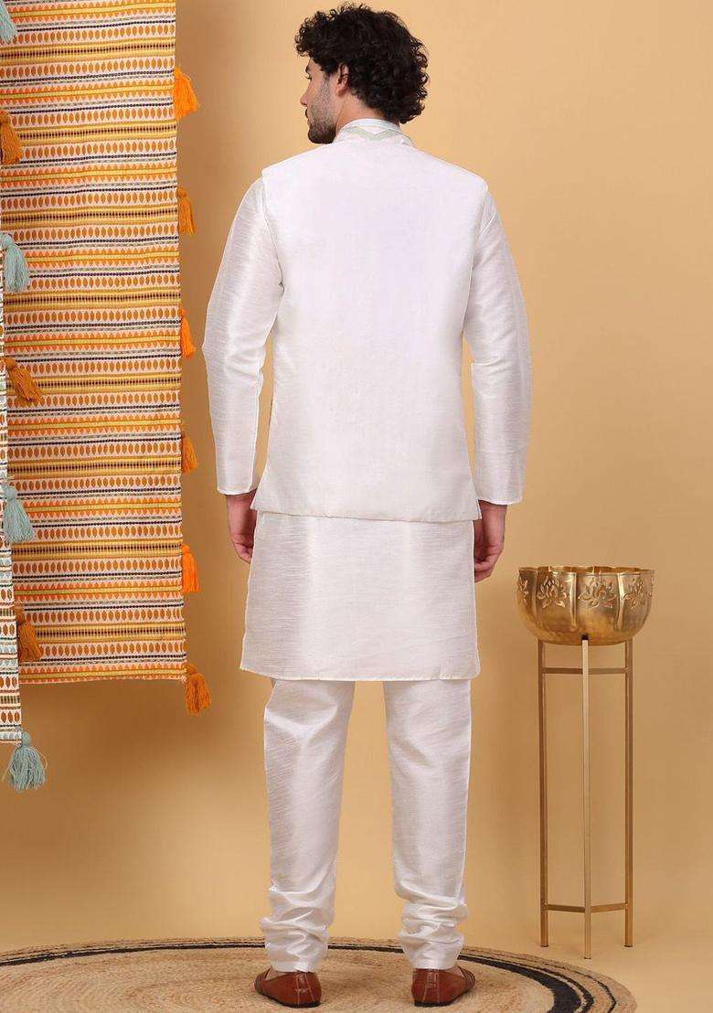 Cream Solid Silk Blend Kurta Set For Men - Indya