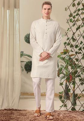 White Embroidered Cotton Kurta Set For Men