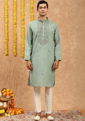 Green Embroidered Cotton Kurta Set For Men